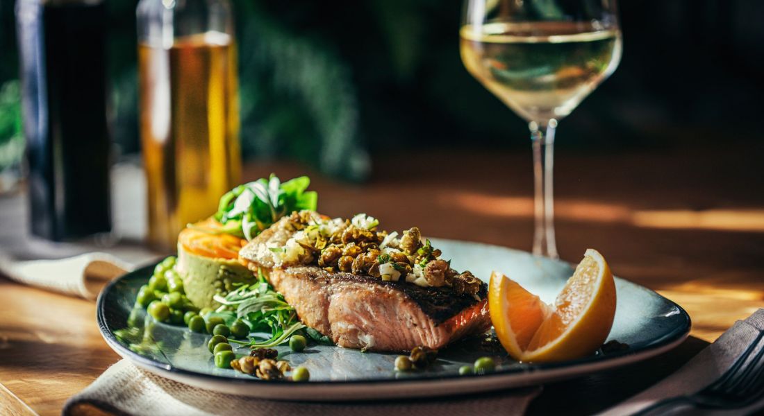 Domain City Center barbecued salmon and vegetables on plate